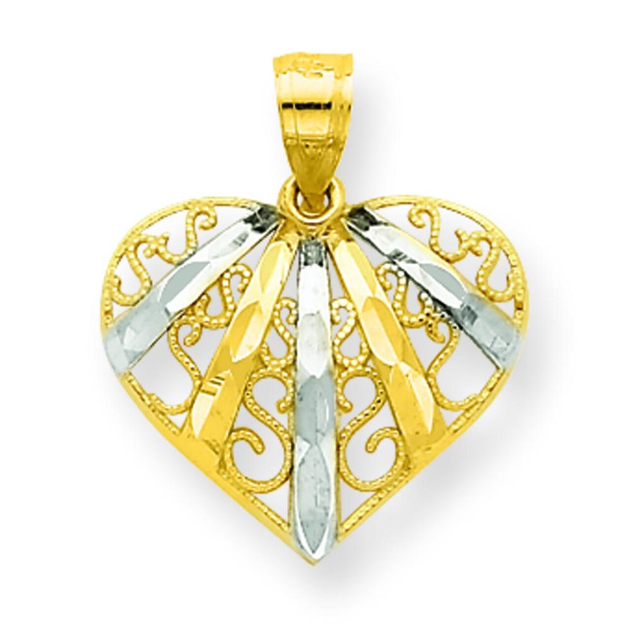 10K Gold & Rhodium Plated Diamond Cut Filigree Heart Pendant Charm 20mm x 40mm